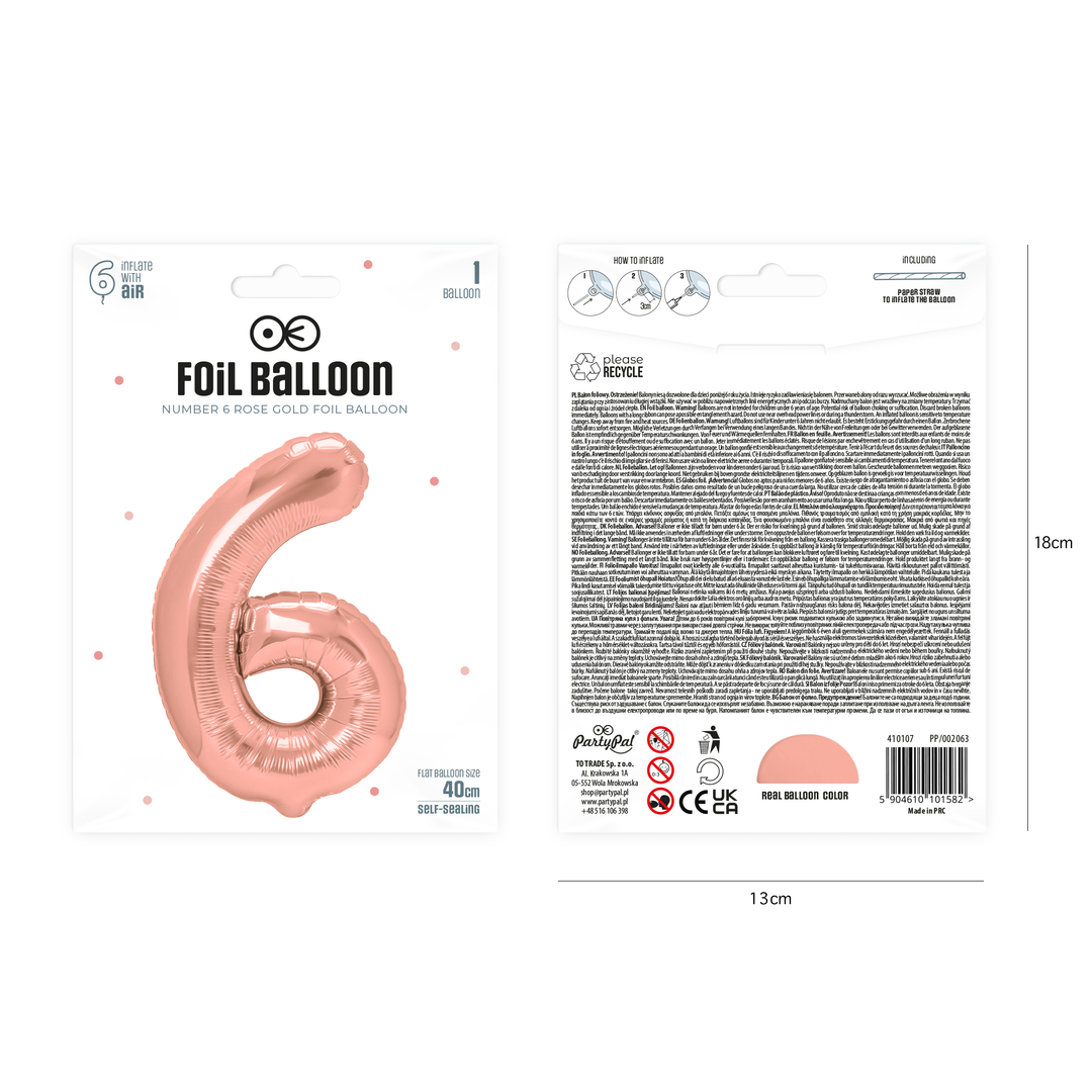 Balon foliowy cyfra 6 rose gold 40cm