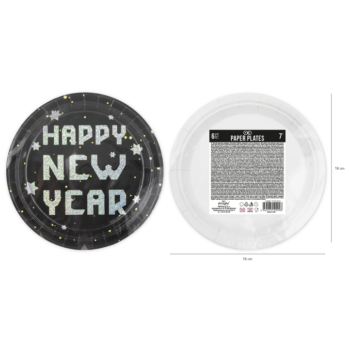 Talerzyk papierowy Happy New Year czarno-srebrny 7cali 6szt.