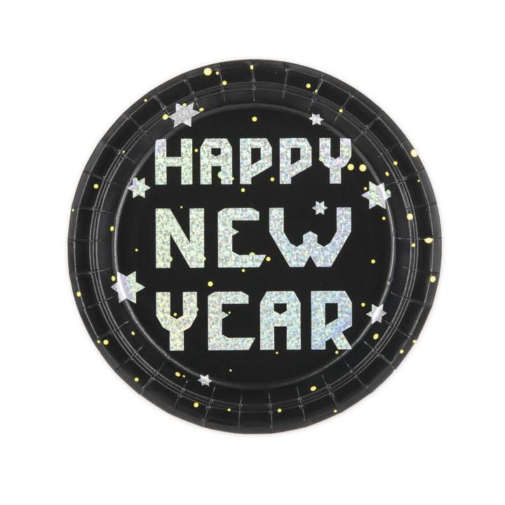 Talerzyk papierowy Happy New Year czarno-srebrny 7cali 6szt.