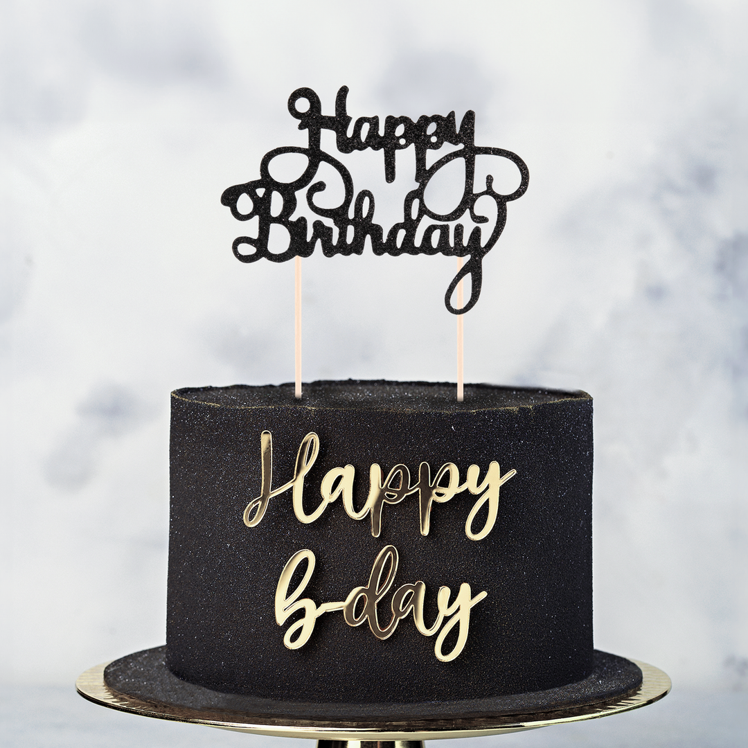 Topper na tort Happy Birthday brokatowy czarny 1szt.