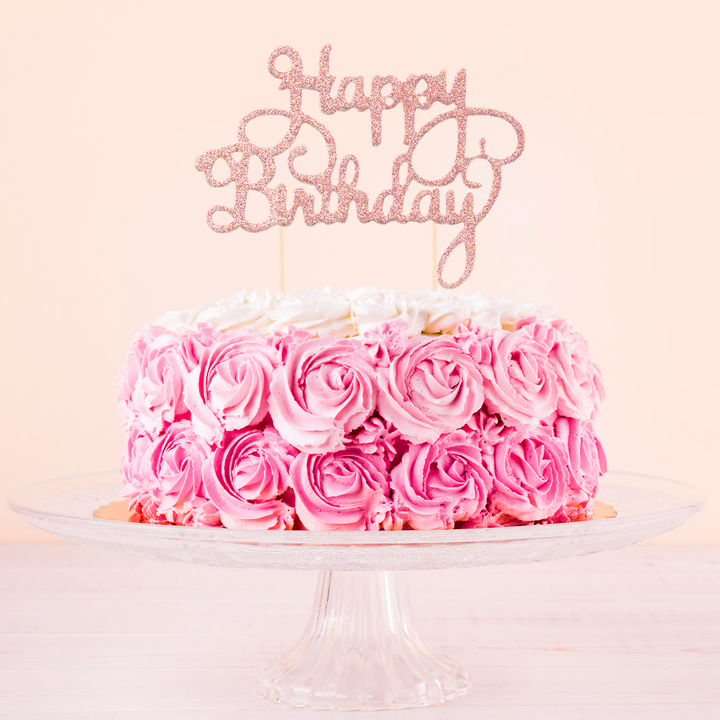 Topper na tort Happy Birthday brokatowy rose gold 1szt.