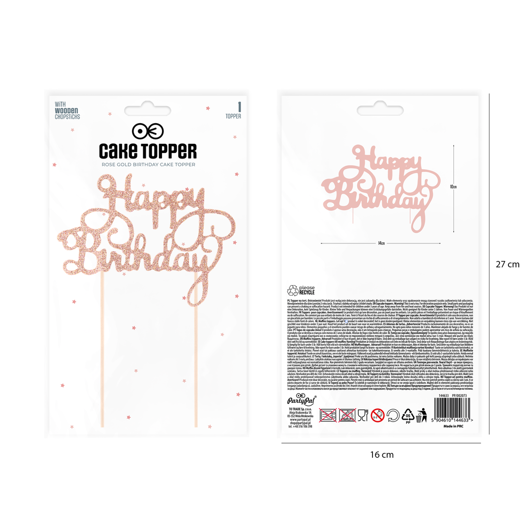 Topper na tort Happy Birthday brokatowy rose gold 1szt.