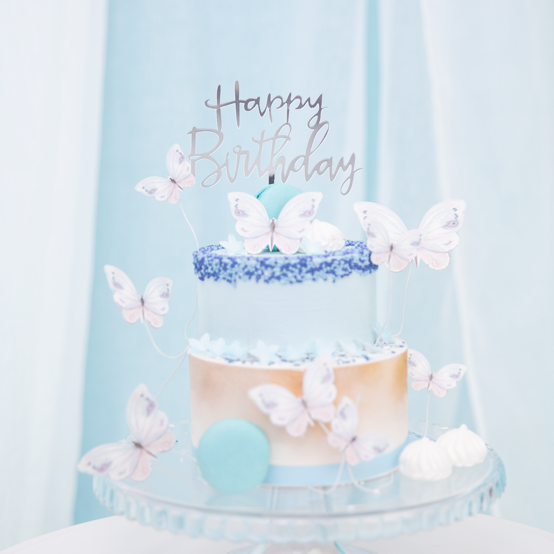 Topper na tort Happy Birthday lustrzany srebrny 1szt.