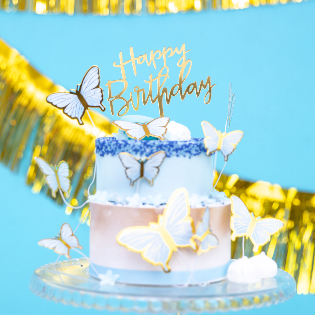 Topper na tort Happy Birthday lustrzany złoty 1szt.