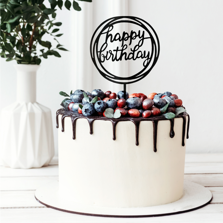 Topper na tort Happy Birthday okrągły czarny 1szt.