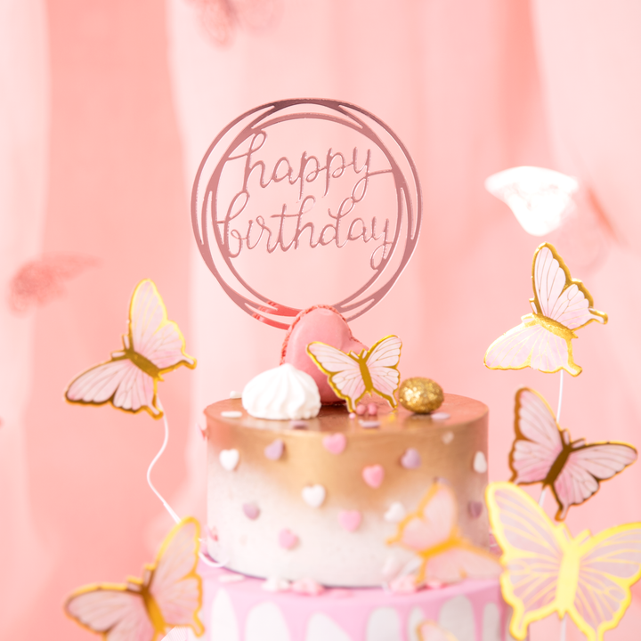 Topper na tort Happy Birthday okrągły lustrzany rose gold 1szt.