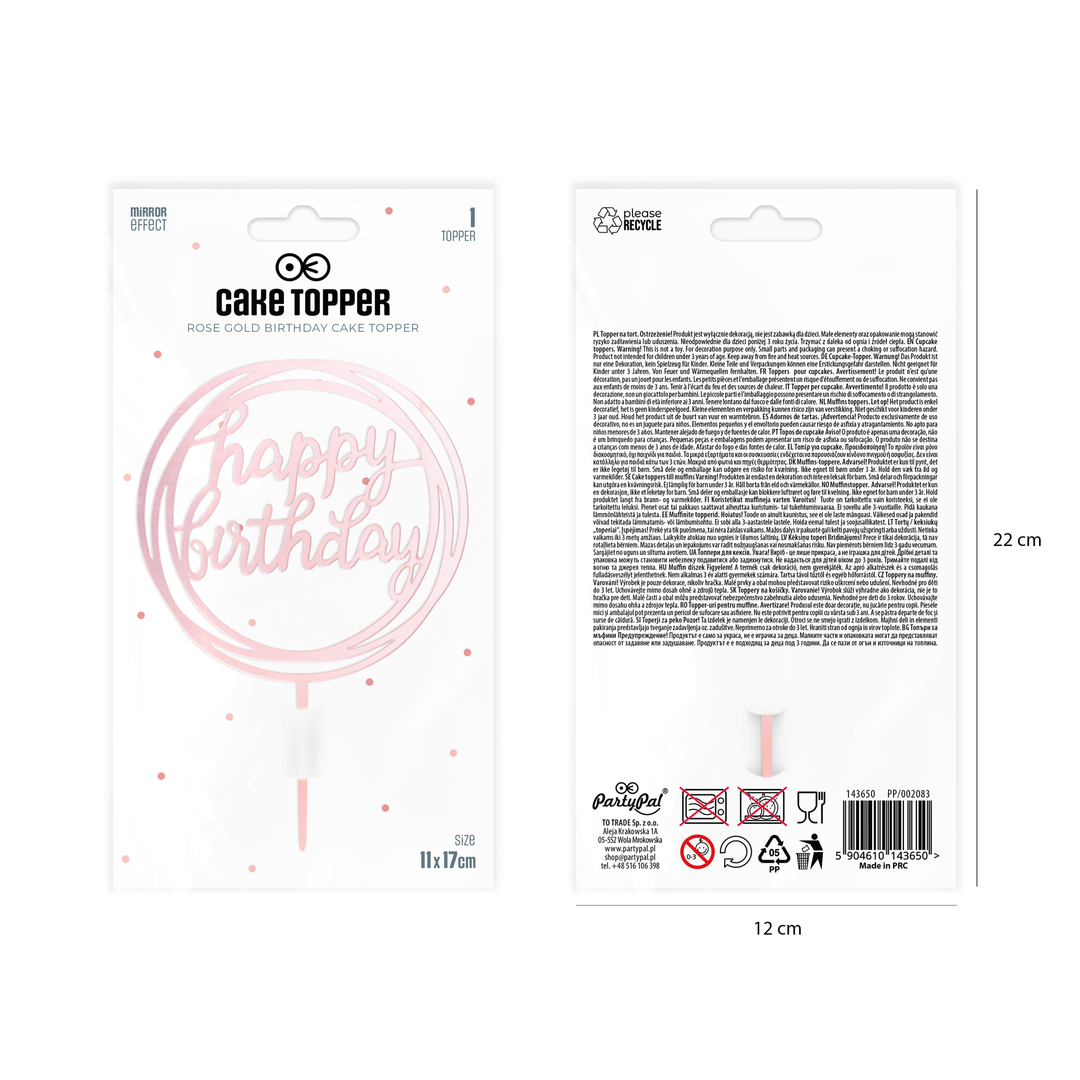 Topper na tort Happy Birthday okrągły lustrzany rose gold 1szt.