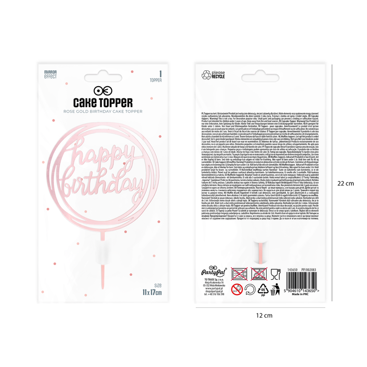 Topper na tort Happy Birthday okrągły lustrzany rose gold 1szt.