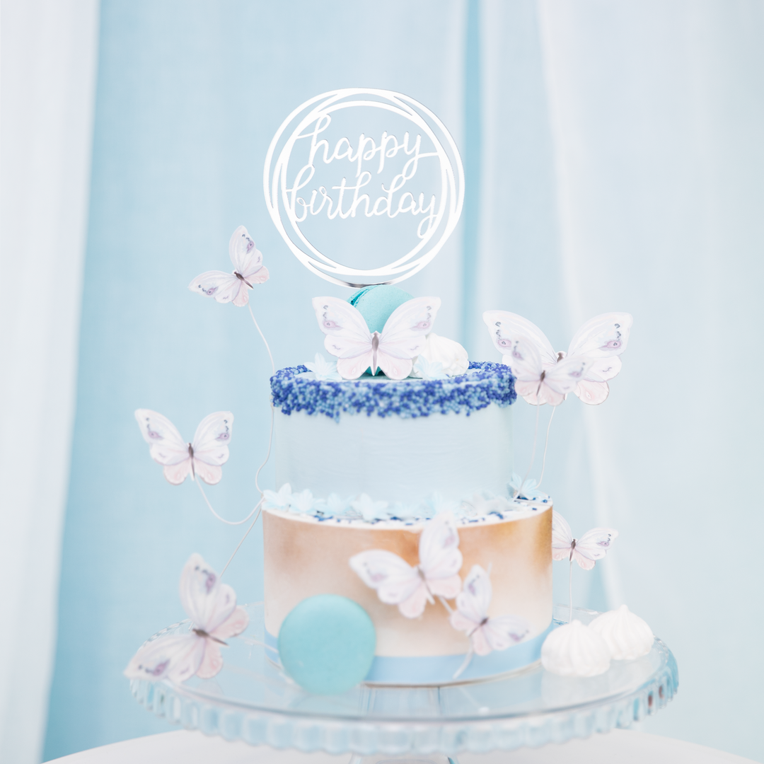 Topper na tort Happy Birthday okrągły lustrzany srebrny 1szt.