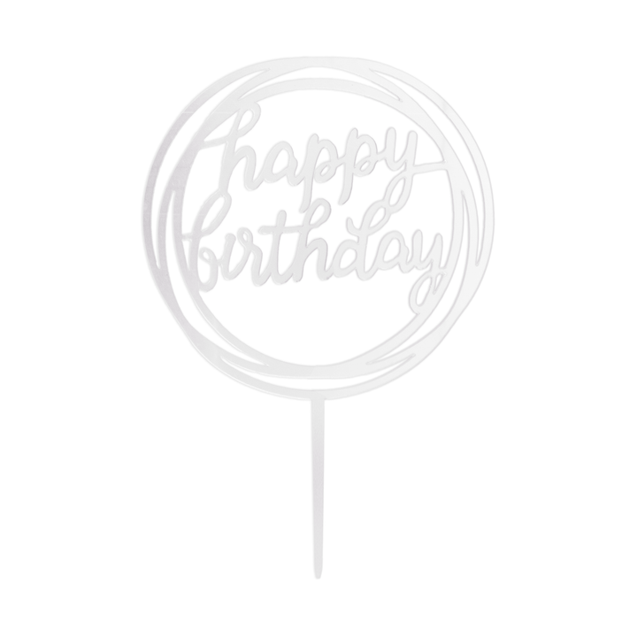 Topper na tort Happy Birthday okrągły lustrzany srebrny 1szt.