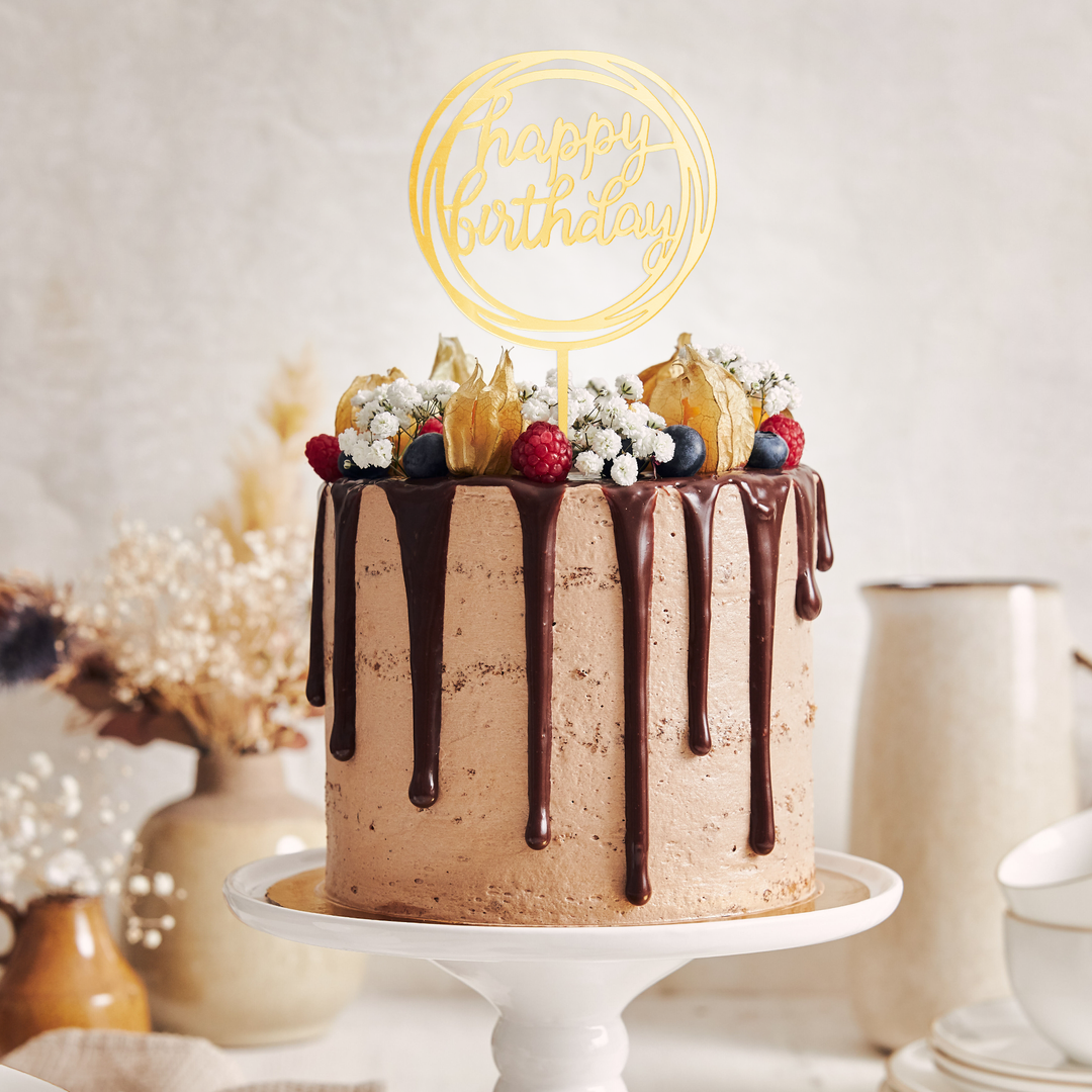 Topper na tort Happy Birthday okrągły lustrzany złoty 1szt.