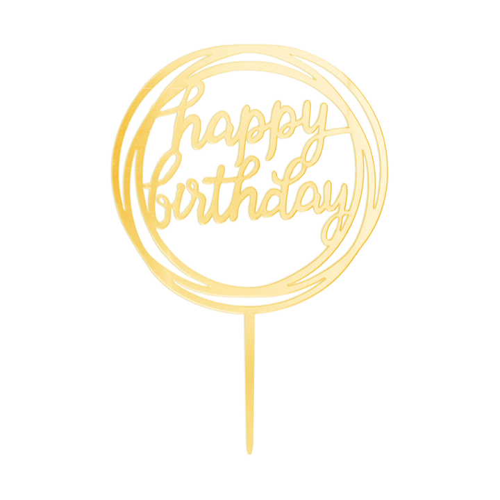 Topper na tort Happy Birthday okrągły lustrzany złoty 1szt.