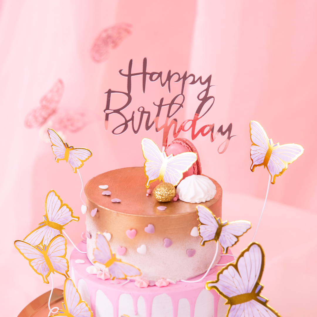 Topper na tort Happy Birthday lustrzany rose gold 1szt.