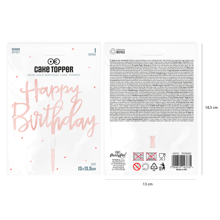 Topper na tort Happy Birthday lustrzany rose gold 1szt.