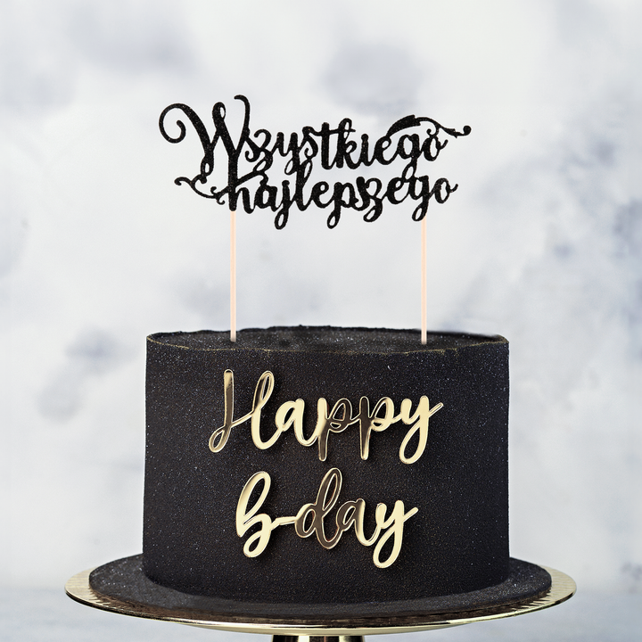 Topper na tort Wszystkiego najlepszego brokatowy czarny 1szt.