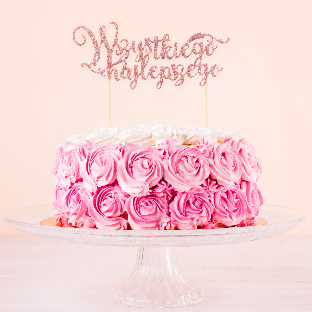 Topper na tort Wszystkiego najlepszego brokatowy rose gold 1szt.