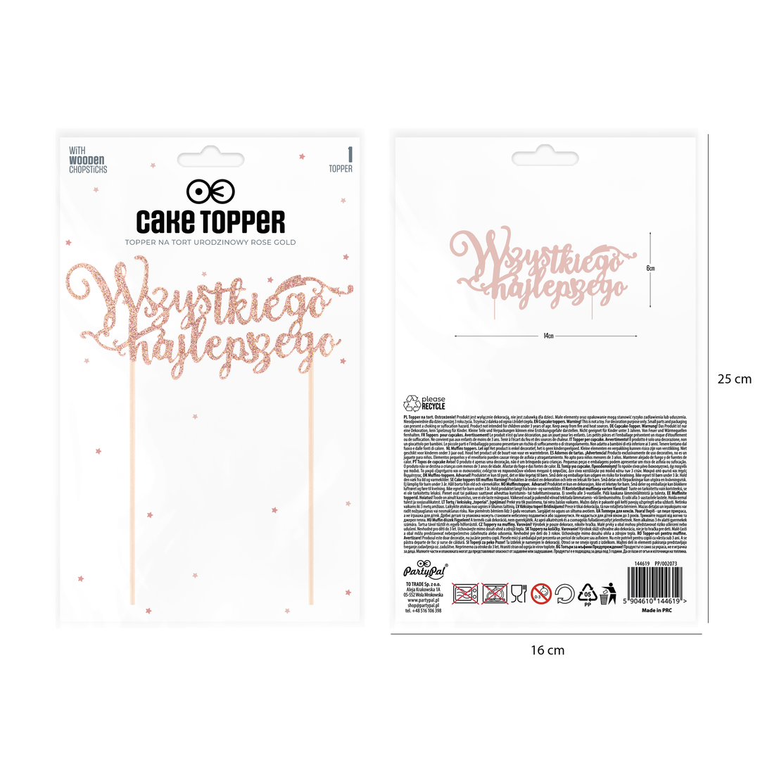 Topper na tort Wszystkiego najlepszego brokatowy rose gold 1szt.