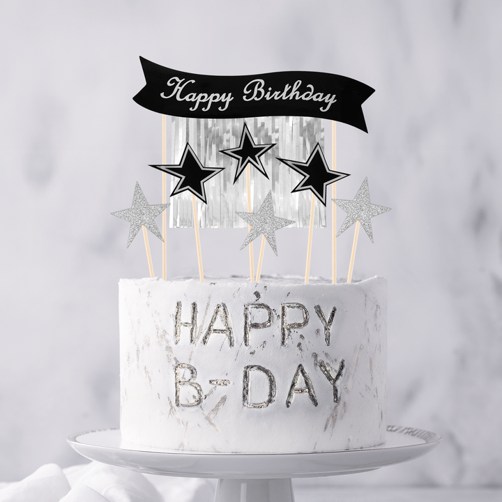 Toppery na tort Happy Birthday ze srebrnymi gwiazdami 7szt.
