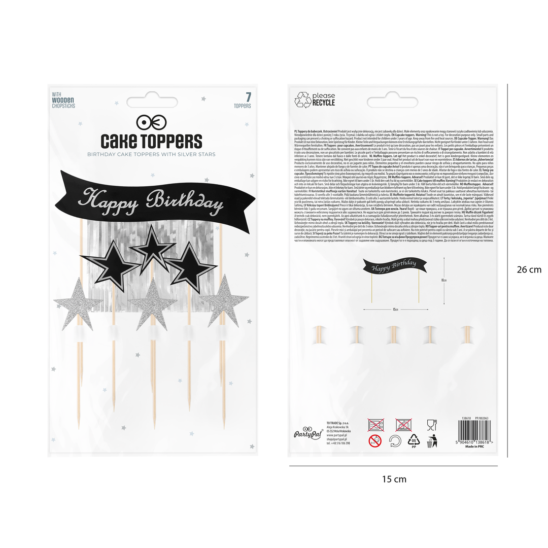 Toppery na tort Happy Birthday ze srebrnymi gwiazdami 7szt.