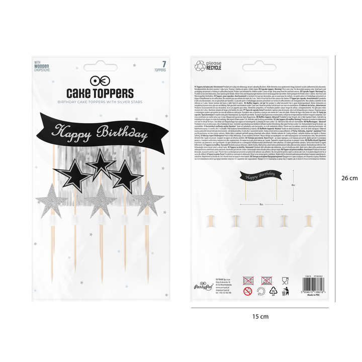 Toppery na tort Happy Birthday ze srebrnymi gwiazdami 7szt.