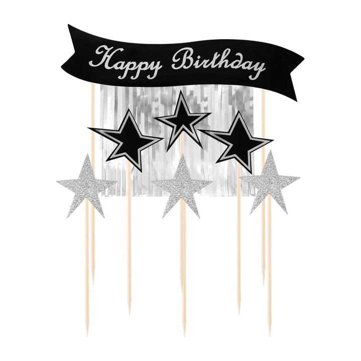 Toppery na tort Happy Birthday ze srebrnymi gwiazdami 7szt.