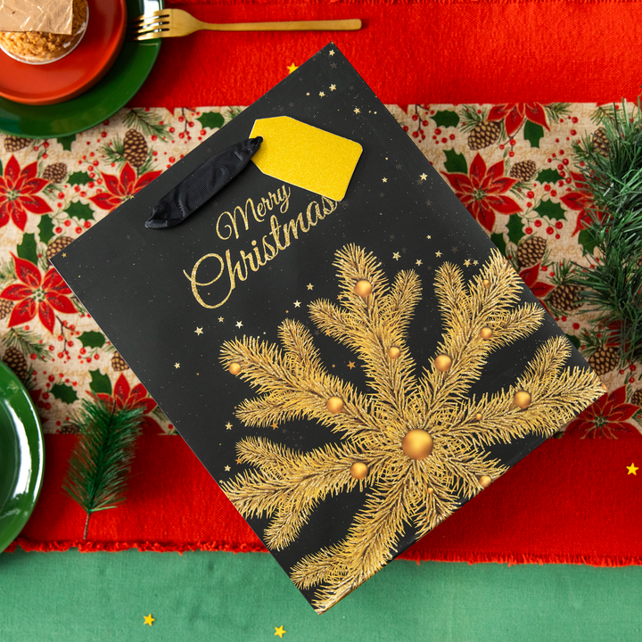 Torebki na prezenty Merry Christmas czarno-złote duże 12szt. mix