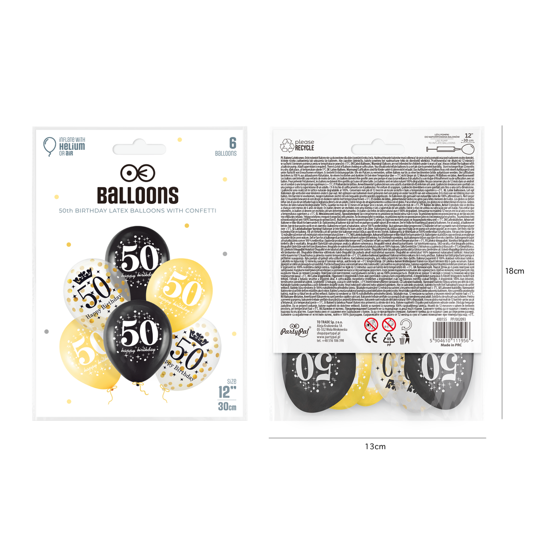 Zestaw balonów 50 urodziny z konfetti 12 cali 6szt.