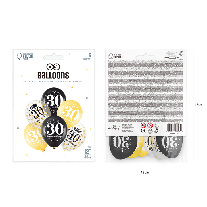 Zestaw balonów 30 urodziny z konfetti 12 cali 6szt.