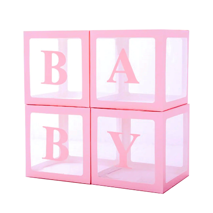 Zestaw pudełek różowych 30cm na balony z literami BABY 4 szt