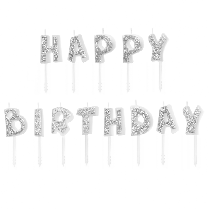 Świeczki urodzinowe napis Happy Birthday srebrne brokat
