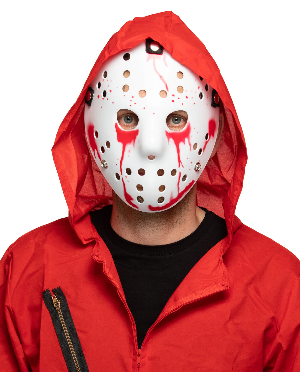 Człowiek w białej masce ociekającej krwią