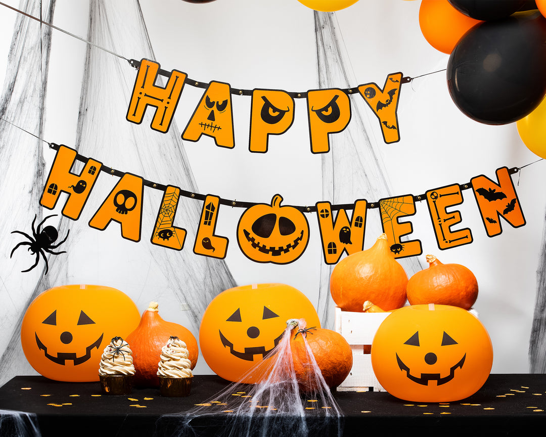 Baner Happy Halloween z dynią pomarańczowy kompozycja