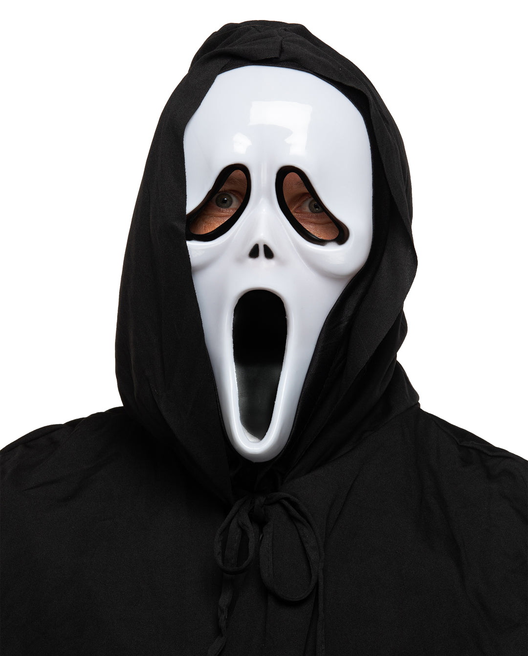 Mężczyzna w kapturze w masce Halloween Krzyk