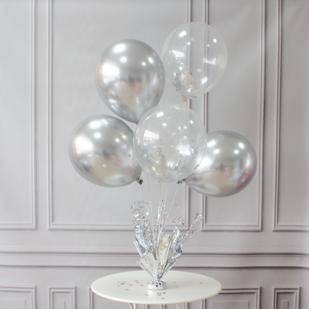 Ciężarek do balonów srebrny z patykami na balony