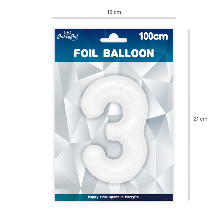 Balon foliowy cyfra 3 biały 100cm - OUTLET