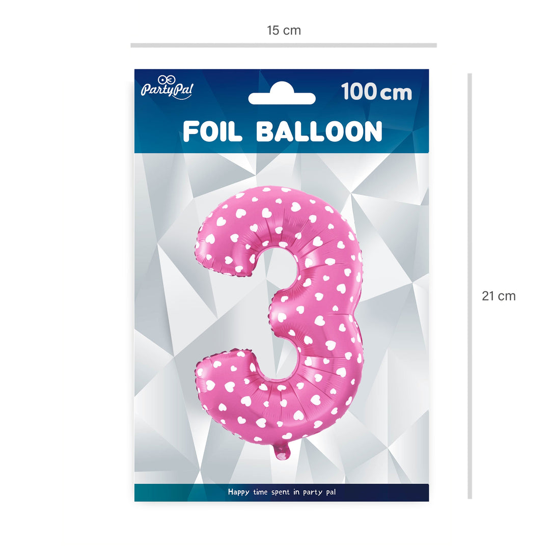 Balon foliowy Serduszka cyfra 3 różowy 100cm