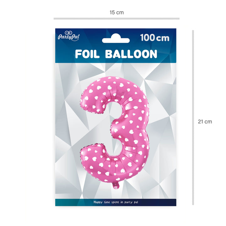 Balon foliowy Serduszka cyfra 3 różowy 100cm