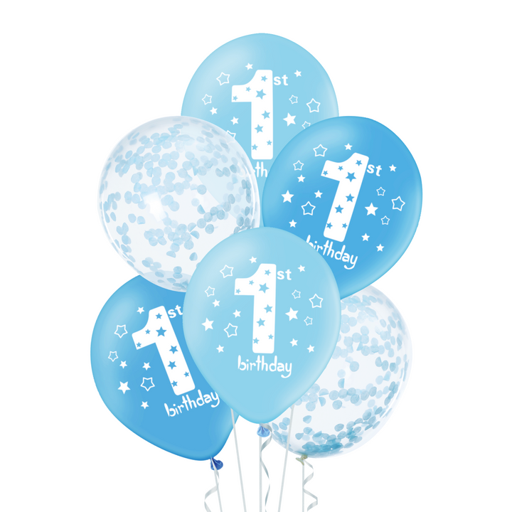One Year Old Birthday Balloons Blue 12 Inches 6 pcs Set