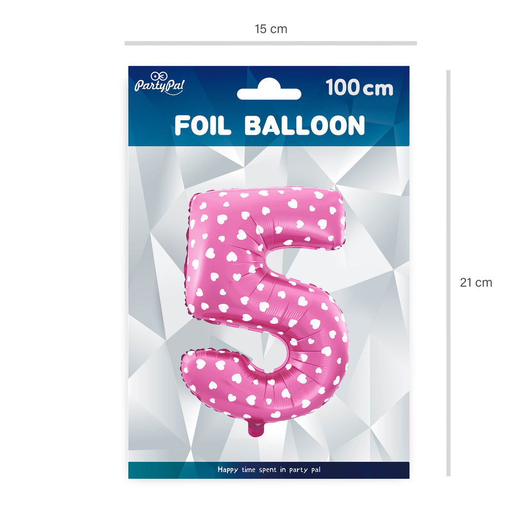 Balon foliowy Serduszka cyfra 5 różowy 100cm