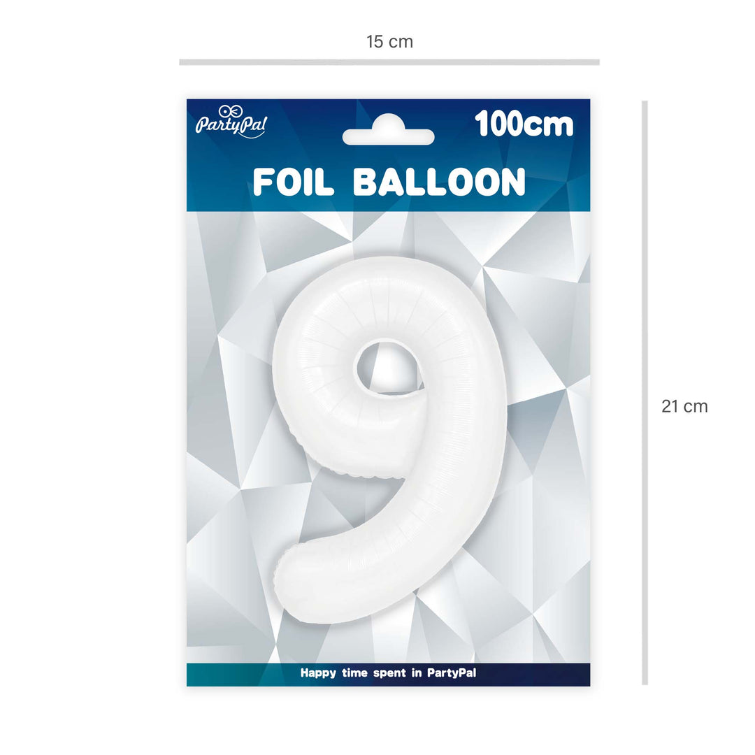 Balon foliowy cyfra 9 biały 100cm - OUTLET