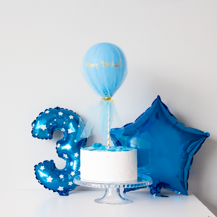 Balon Happy Birthday niebieski z tiulem 5cali zestaw