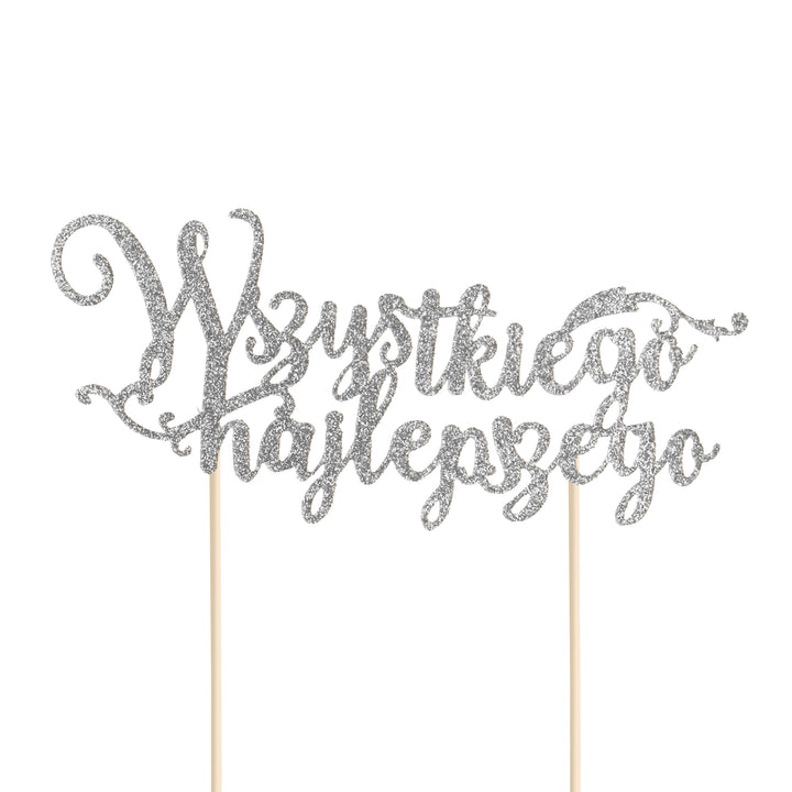 Topper na tort Wszystkiego najlepszego brokatowy srebrny 1szt.