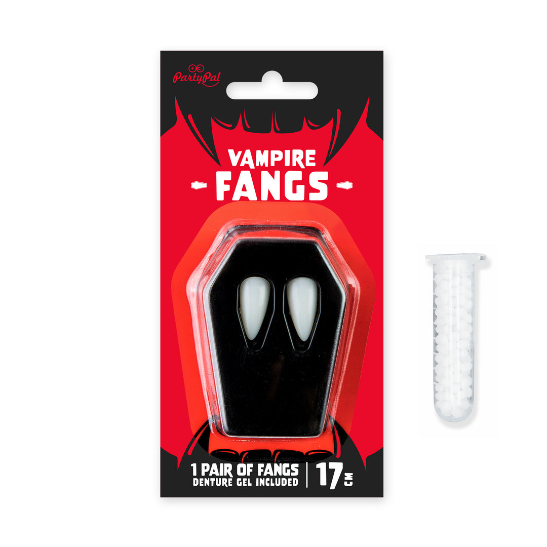 Kły wampira Halloween 17mm w opakowaniu i z żelem dentyztycznym