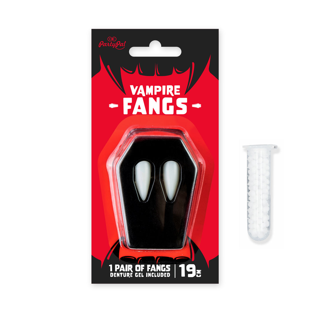 Kły wampira Halloween 19mm w opakowaniu z żelem dentystycznym