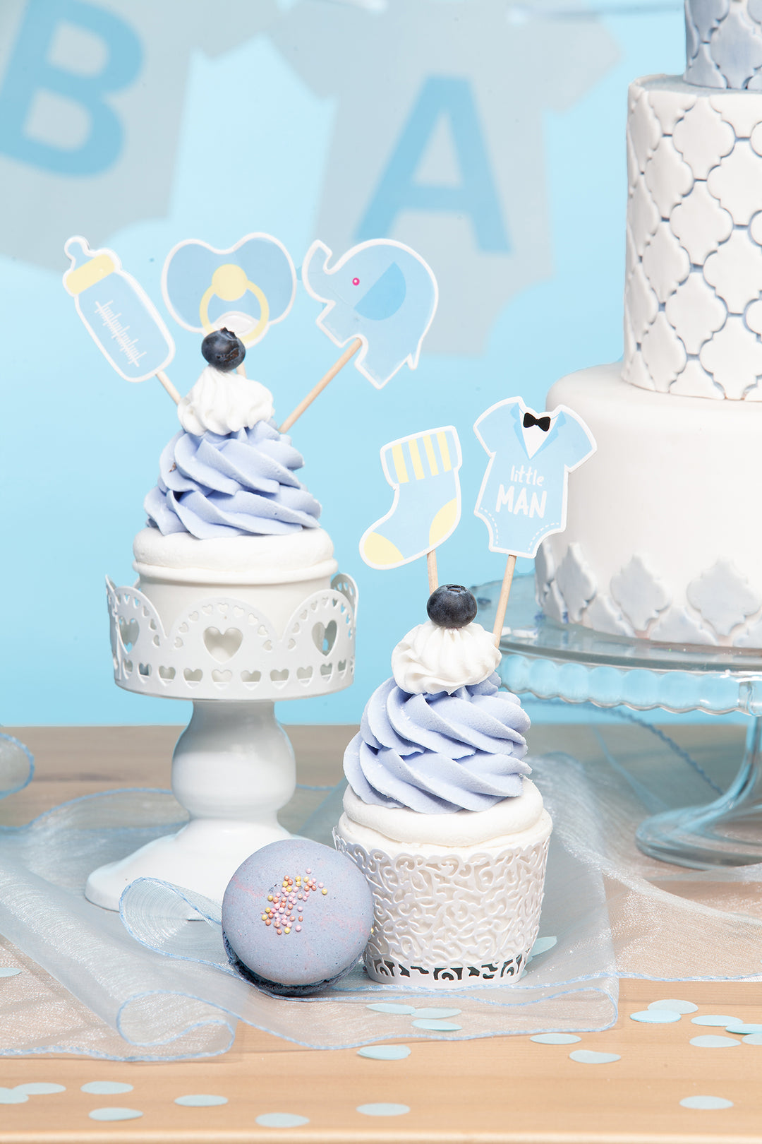 Toppery na tort Baby Shower Słonik niebieskie 5szt.