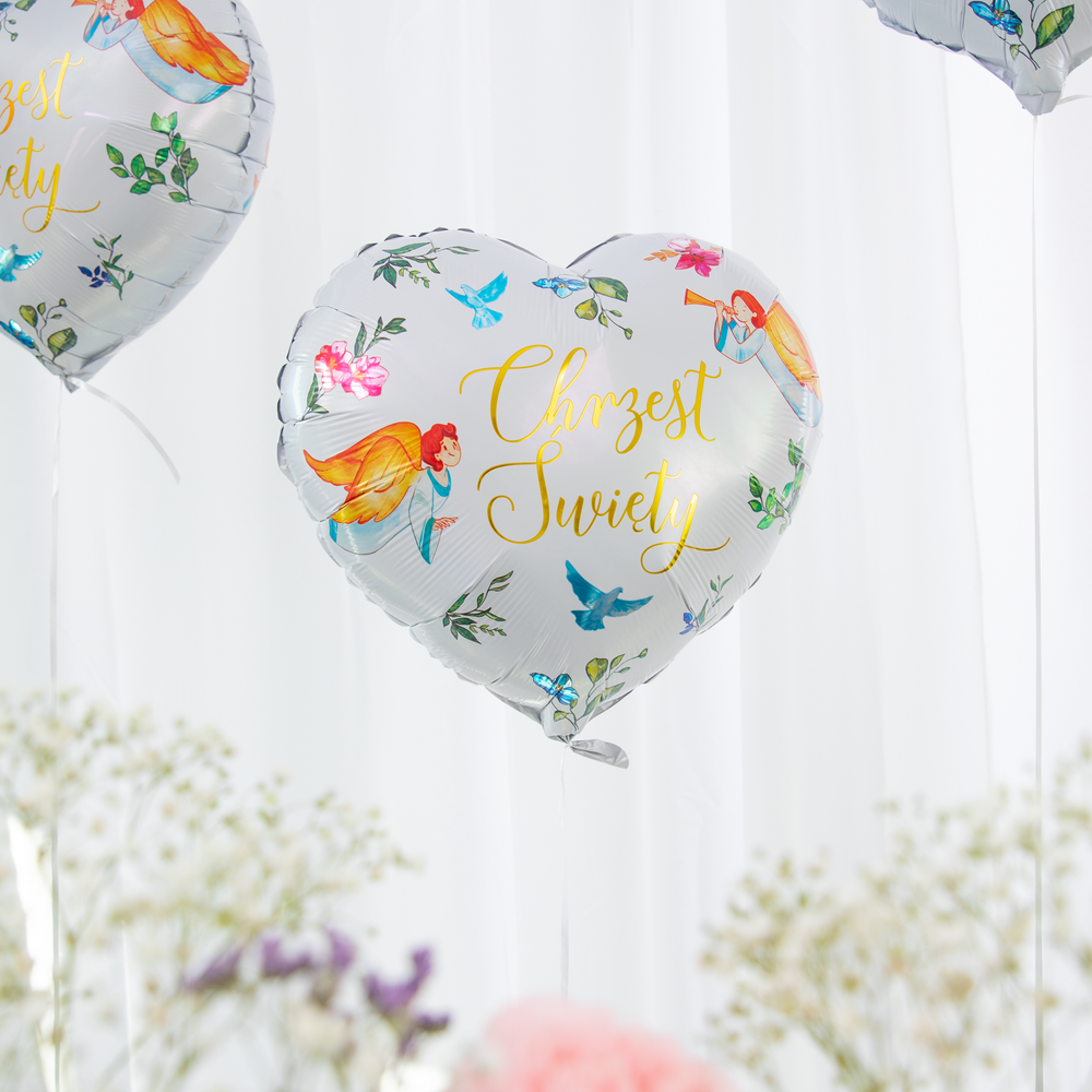 Balony na chrzest święty z aniołkami, gołąbkami i kwiatkami.