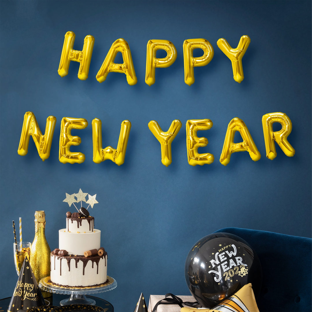 Balon foliowy napis Happy New Year złoty 40cm zestaw