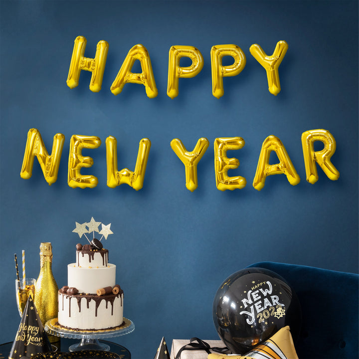 Balon foliowy napis Happy New Year złoty 40cm zestaw
