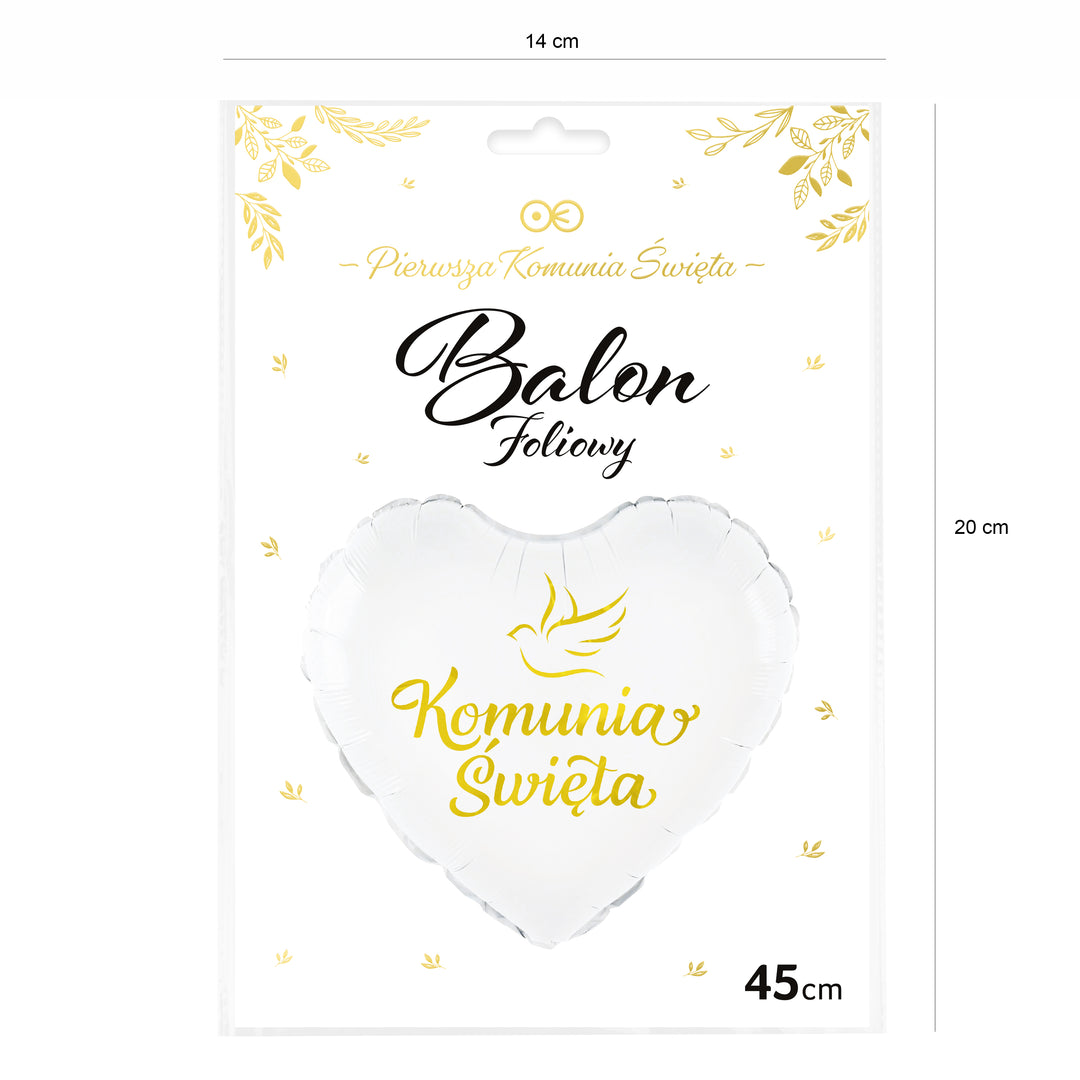 Balon foliowy serce Komunia Święta biało-złoty 45cm