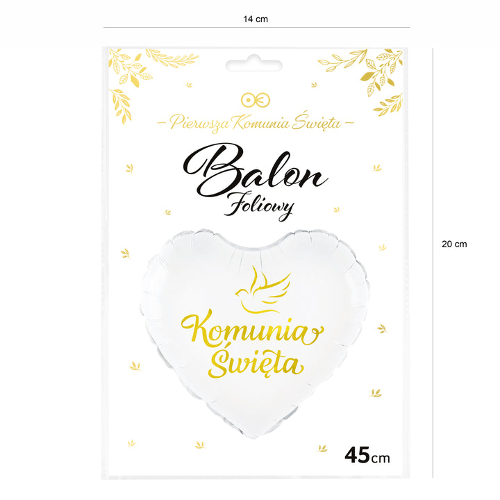 Balon foliowy serce Komunia Święta biało-złoty 45cm